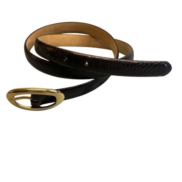 Leather Skinny Belt Dark Brown Chelsea Cambell Womens Sz Large Gold-Tone Buckle - Picture 1 of 6